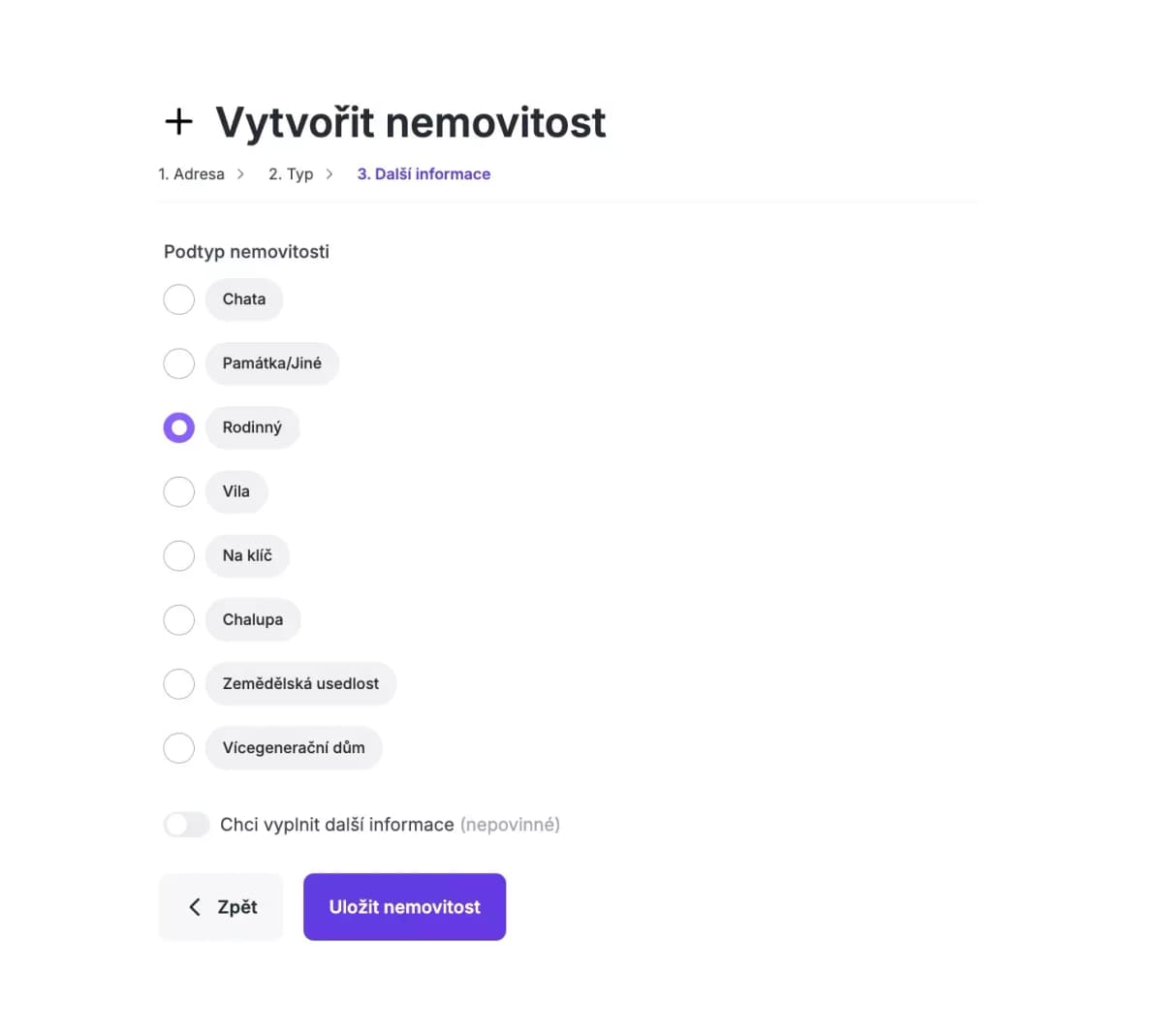 Výběr podtypu nemovitosti